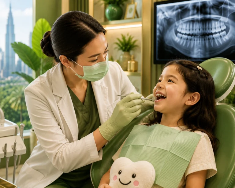 Dentist examining a child in a welcoming clinic