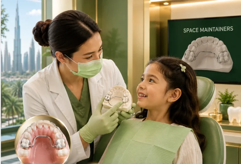 Dentist explaining a space maintainer to a child