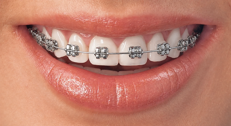 Close-up of teeth with metal braces